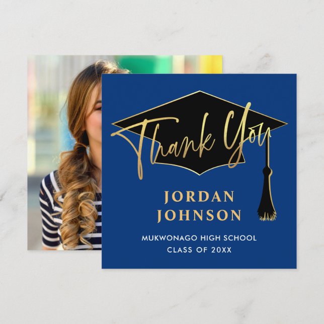 Modern Simple Golden Navy Blue PHOTO Graduation  Thank You Card (Front/Back)