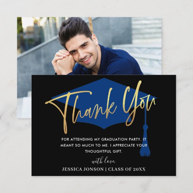 Modern Simple Golden Navy Graduation PHOTO Thank You Card (Front/Back)