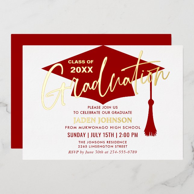 Modern Simple Golden Red Graduation Party (Front/Back)