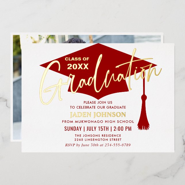 Modern Simple Golden Red Graduation Party (Front/Back)