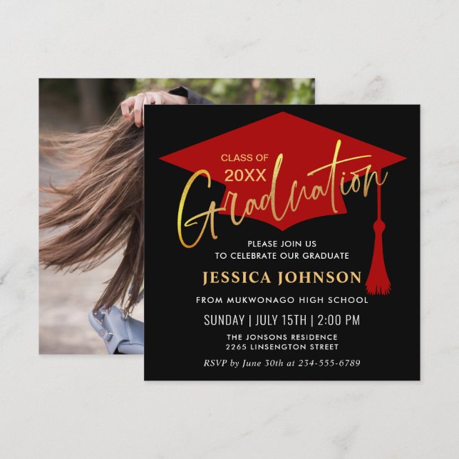 Modern Simple Golden Red Graduation Party Invitation (Front/Back)