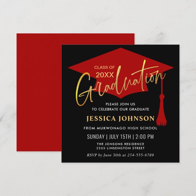 Modern Simple Golden Red Graduation Party Invitation (Front/Back)