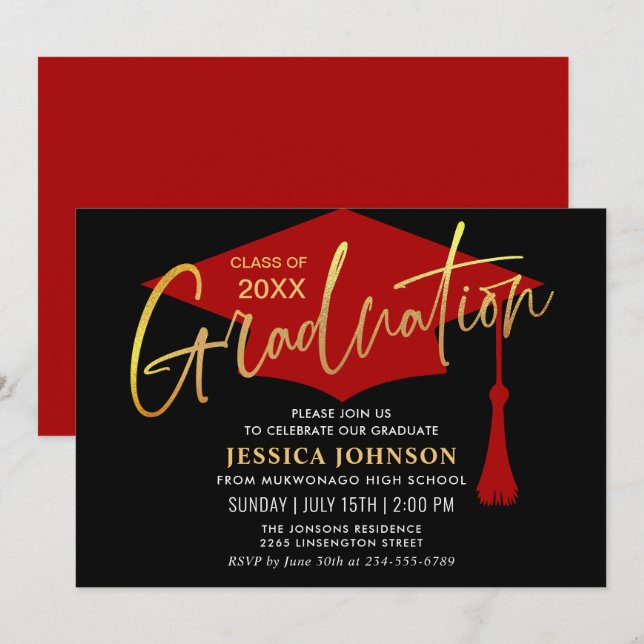 Modern Simple Golden Red Graduation Party Invitation (Front/Back)