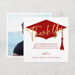 Modern Simple Golden Red Graduation Photo Thank You Card