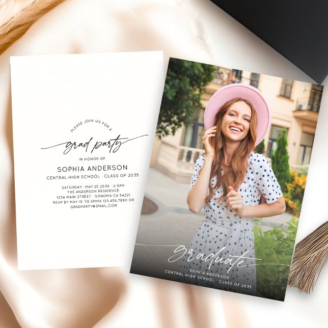 Modern Simple Grad Party Calligraphy Script Photo Invitation (Creator Uploaded)