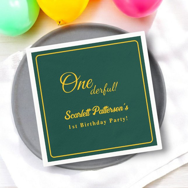 Modern Simple Green And Gold Elegant 1st Birthday Napkin (Creator Uploaded)