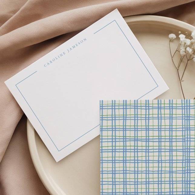 Modern Simple Green Blue Plaid Flat Note Card (Creator Uploaded)