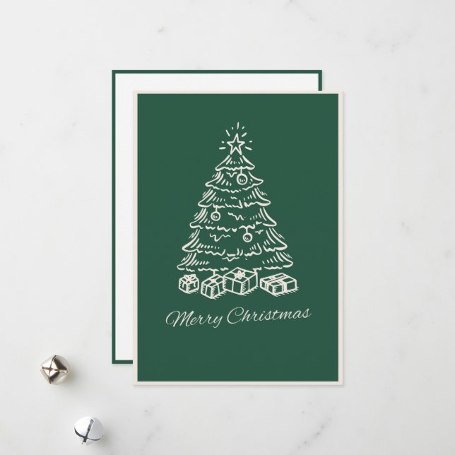 Modern Simple Green Hand Drawn Christmas Tree Holiday Card (Front/Back In Situ)