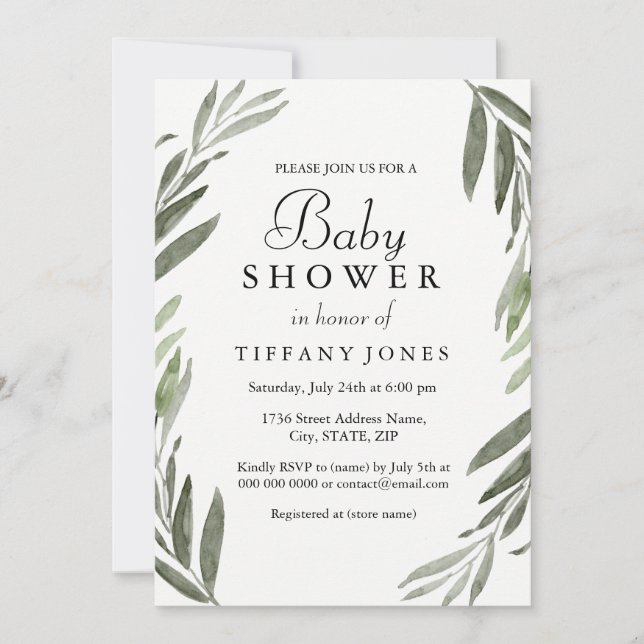 Modern Simple Green Leaf Wreath Baby Shower Invite (Front)