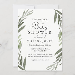 Modern Simple Green Leaf Wreath Baby Shower Invite