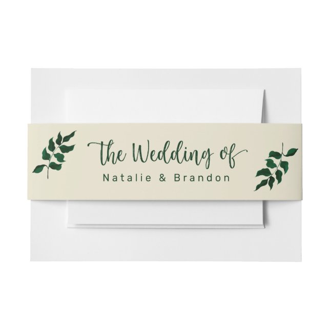 Modern Simple Green Leaves the Wedding of Names Invitation Belly Band (Front Example)