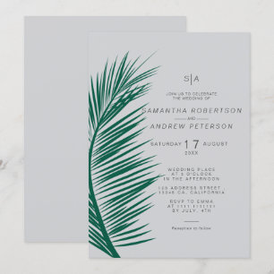 Modern simple grey palm leaf soft chic wedding invitation
