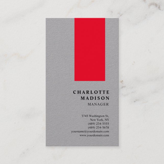 Modern Simple Grey Red Trendy Minimalist Plain Business Card (Front)