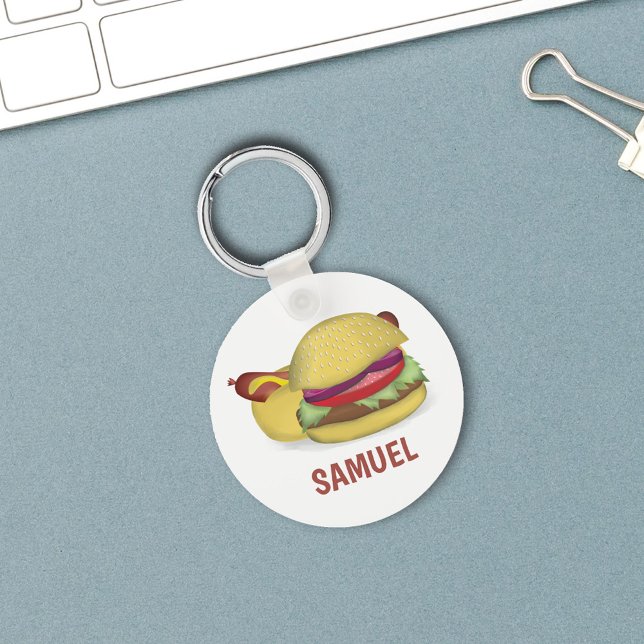 Modern Simple Hamburger Hotdog Cute Custom Key Ring (Hamburger and hotdog custom keychain)