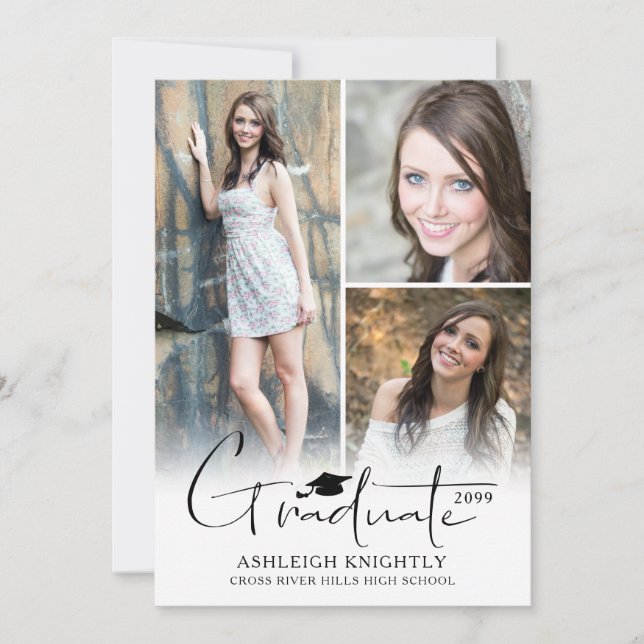 Modern Simple Hand Lettered Graduate Cap 4 Photo Announcement (Front)