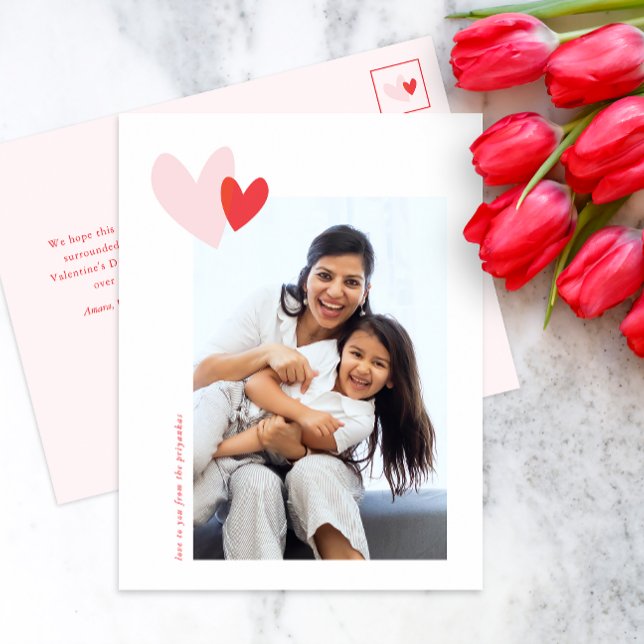 Modern Simple Hearts Photo Valentine's Day Holiday Postcard (Simple and sweet Valentine's Day photo card postcard with two hearts in red and pink)