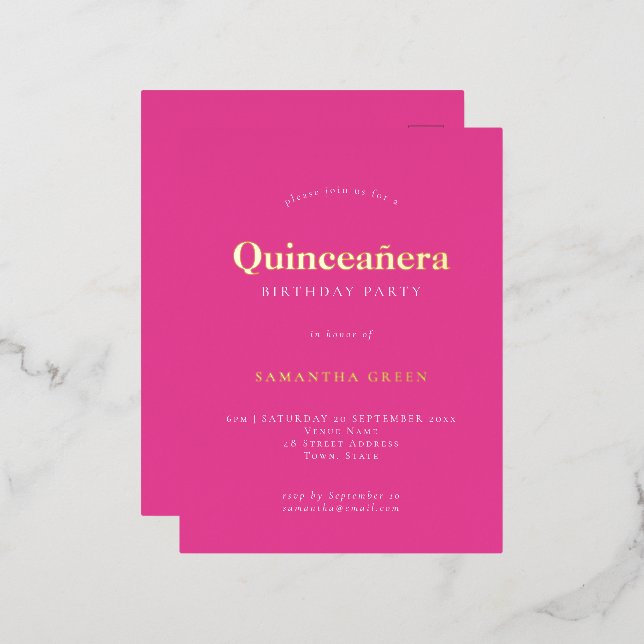 Modern Simple Hot Pink Quinceañera Foil Invitation Postcard (Front/Back)