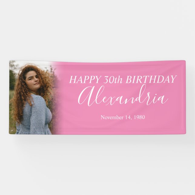 Modern Simple Hot Pink White Photo Birthday Party Banner (Horizontal)