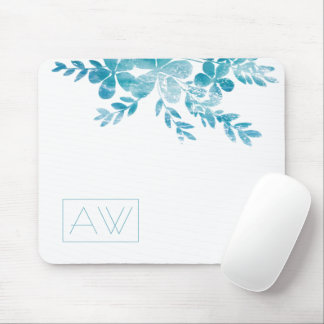 Modern Simple Initials Blue Floral Personal Brand Mouse Mat
