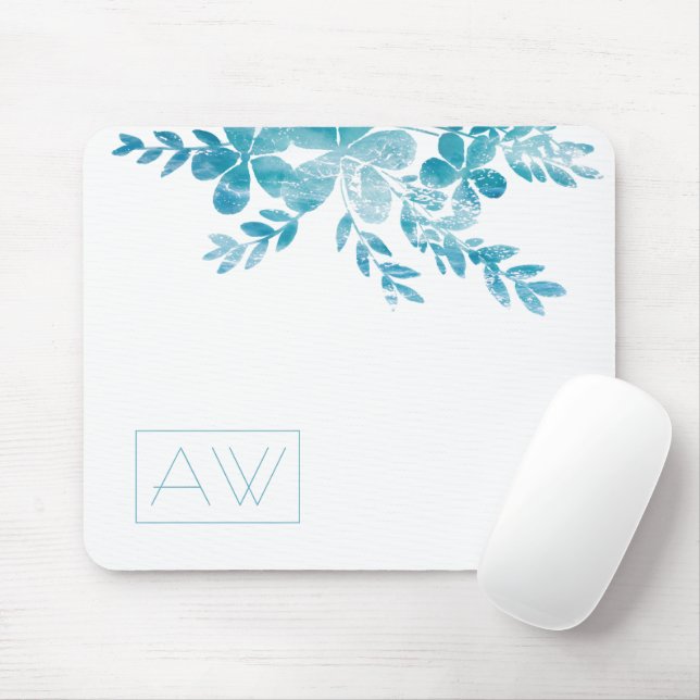 Modern Simple Initials Blue Floral Personal Brand Mouse Mat (With Mouse)