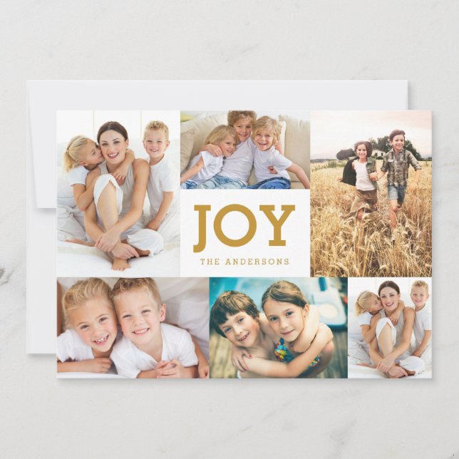 Modern Simple Joy Holiday Photo Collage Card (Front)