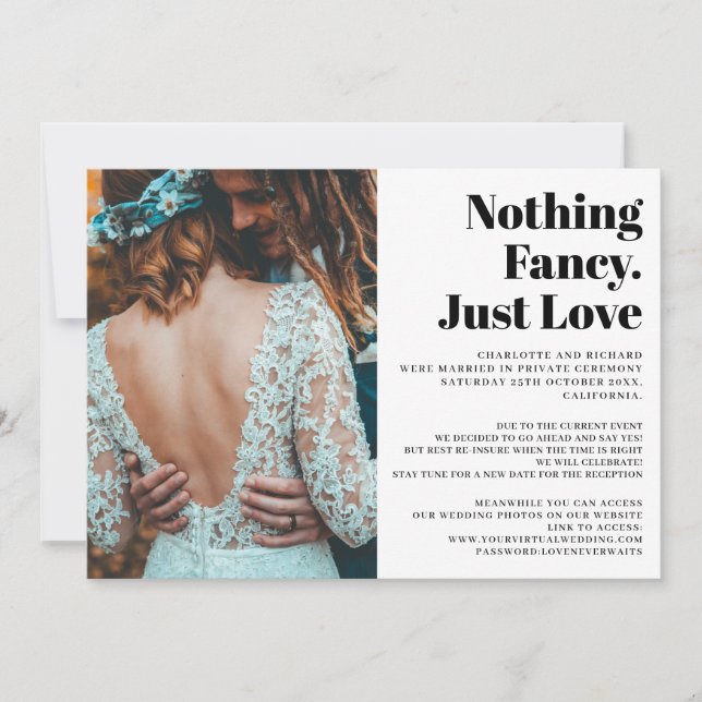 Modern simple just love elopement wedding photo announcement (Front)