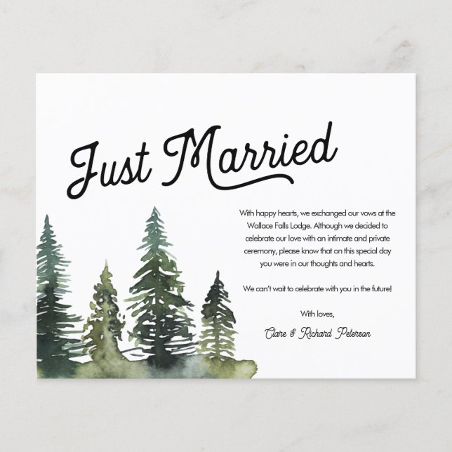Modern Simple Just Married Elopement Card (Front)