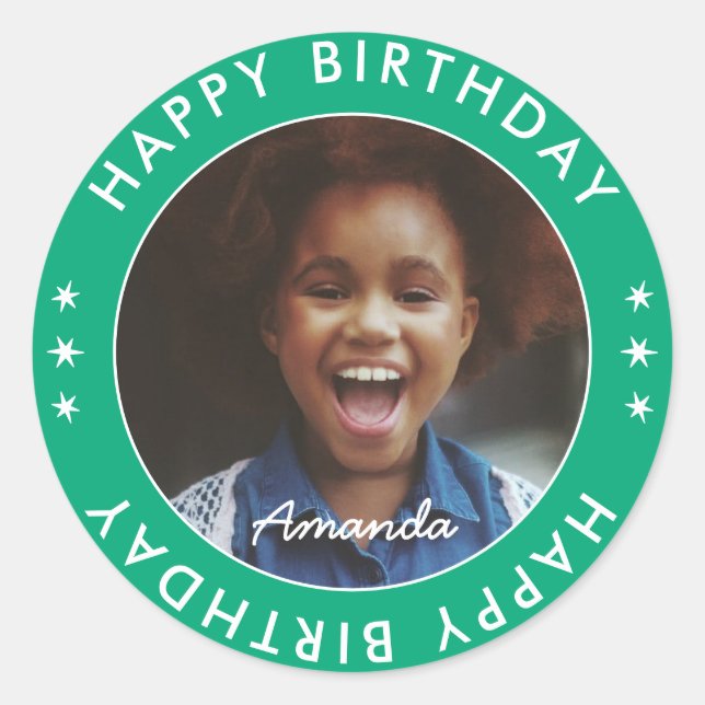 Modern Simple Kids Bright Happy Birthday Photo Classic Round Sticker (Front)