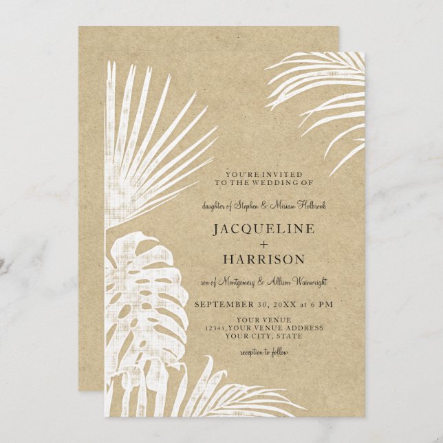 Modern Simple Kraft Tropical Leaf Coastal Ocean Invitation (Front/Back)