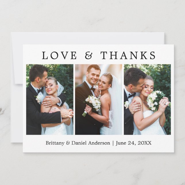 Modern Simple Love and Thanks 3 Photo Wedding Thank You Card (Front)
