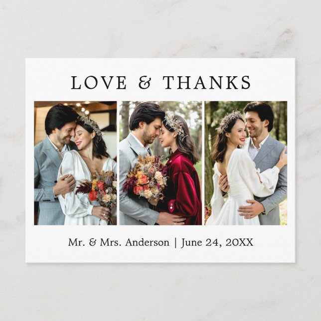 Modern Simple Love and Thanks Wedding 3 Photo Postcard (Front)