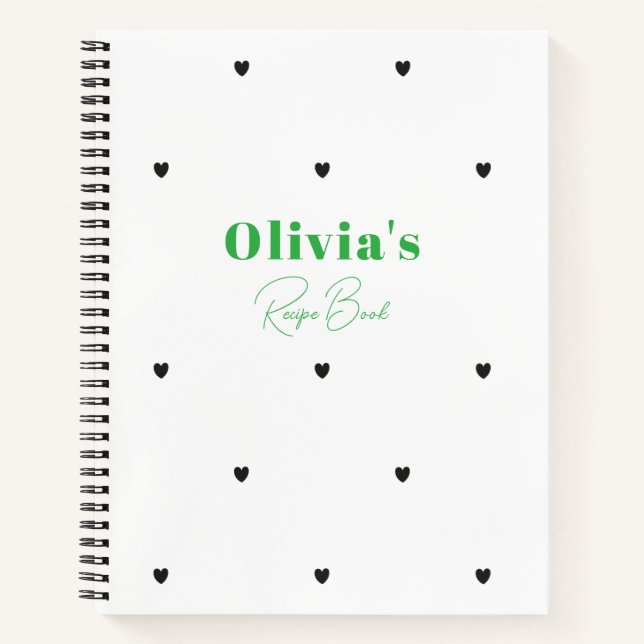 Modern Simple Love Heart Green Personalized Recipe Notebook (Front)