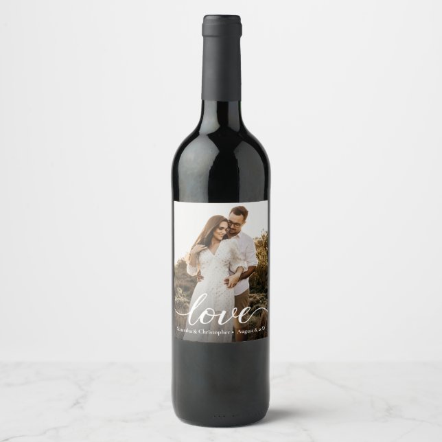 Modern Simple Love Script Wedding Photo Favour Wine Label (Front)