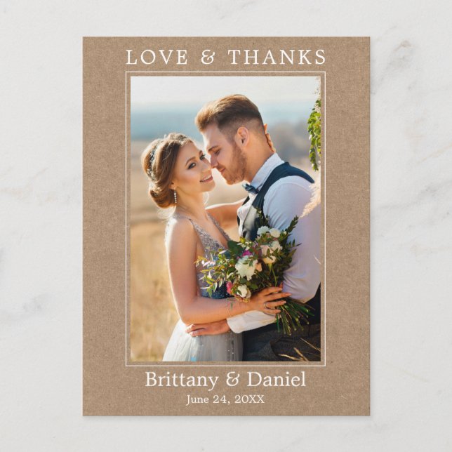 Modern Simple Love Thanks Photo Wedding Kraft Postcard (Front)