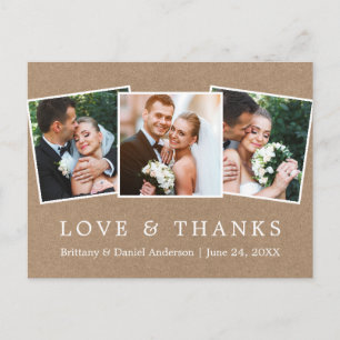 Modern Simple Love Thanks Wedding 3 Photo Kraft Postcard