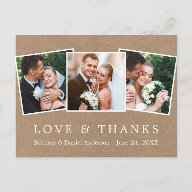 Modern Simple Love Thanks Wedding 3 Photo Kraft Postcard (Front)