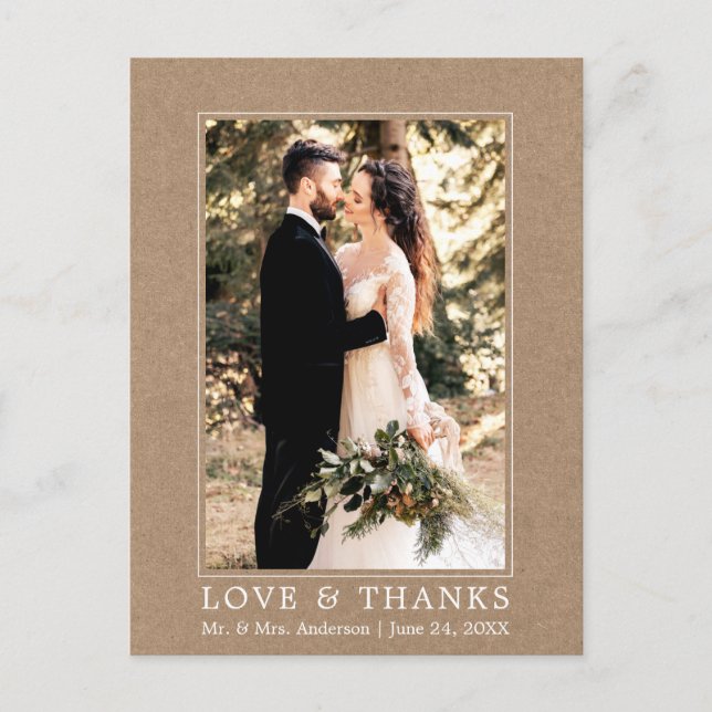 Modern Simple Love Thanks Wedding Photo Kraft Postcard (Front)