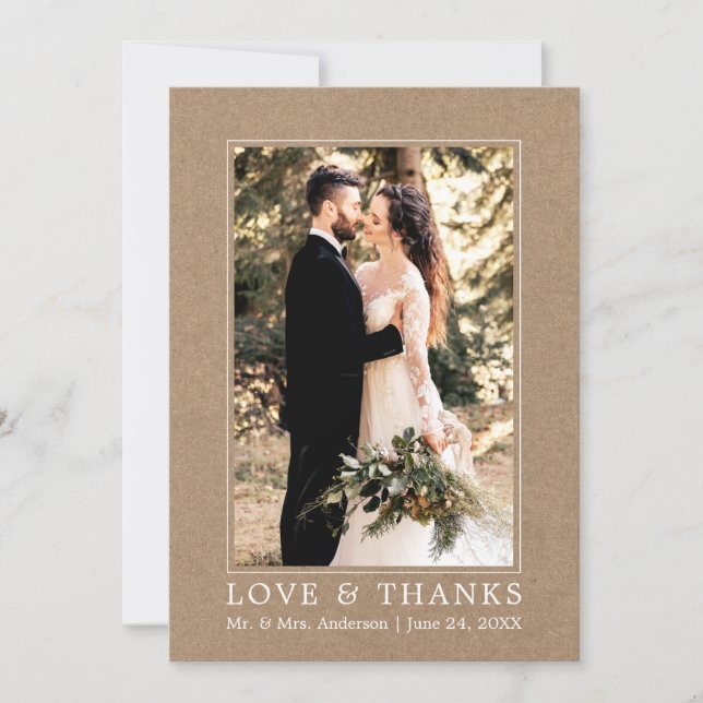 Modern Simple Love Thanks Wedding Photo Kraft Thank You Card (Front)