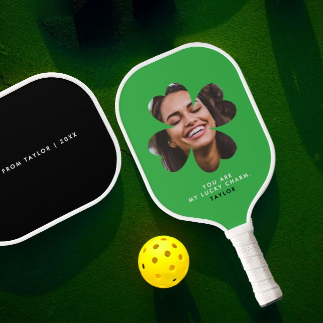 Modern Simple Lucky Charm Love Clover Green Photo Pickleball Paddle (Creator Uploaded)