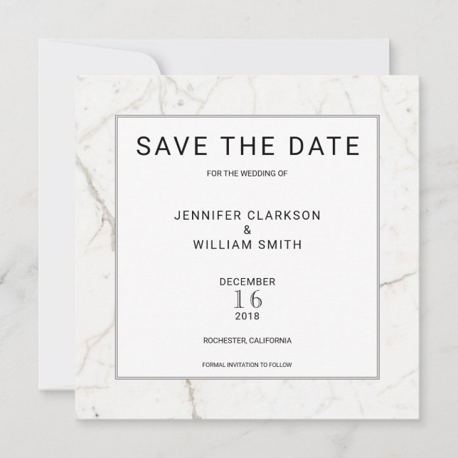 Modern simple marble white Wedding Save the Date (Front)