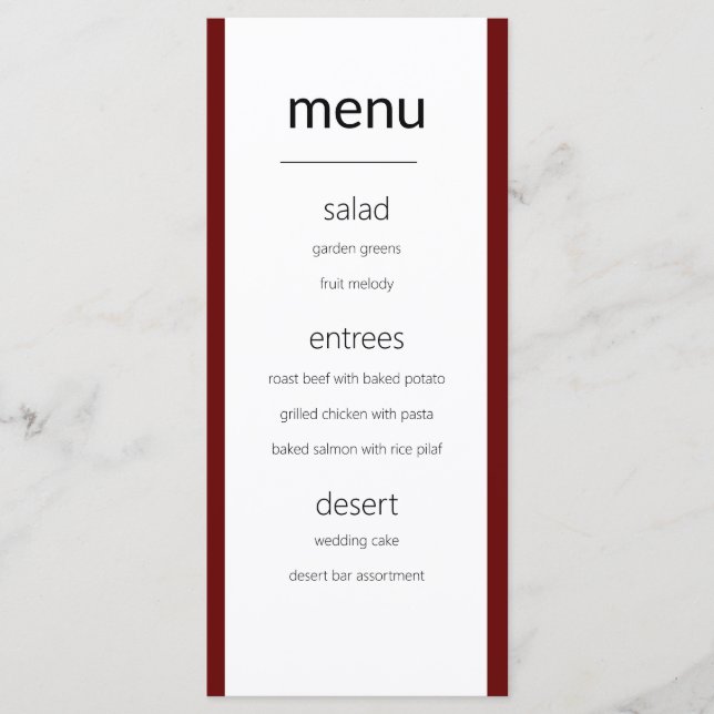 Modern Simple Maroon and White Wedding Menu Card (Front)