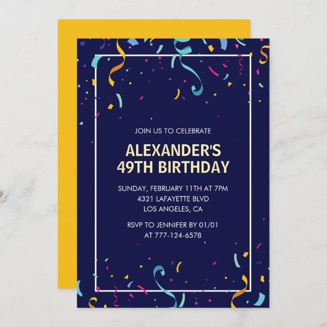 Modern Simple Men Confetti 49th birthday Invitation (Front/Back)