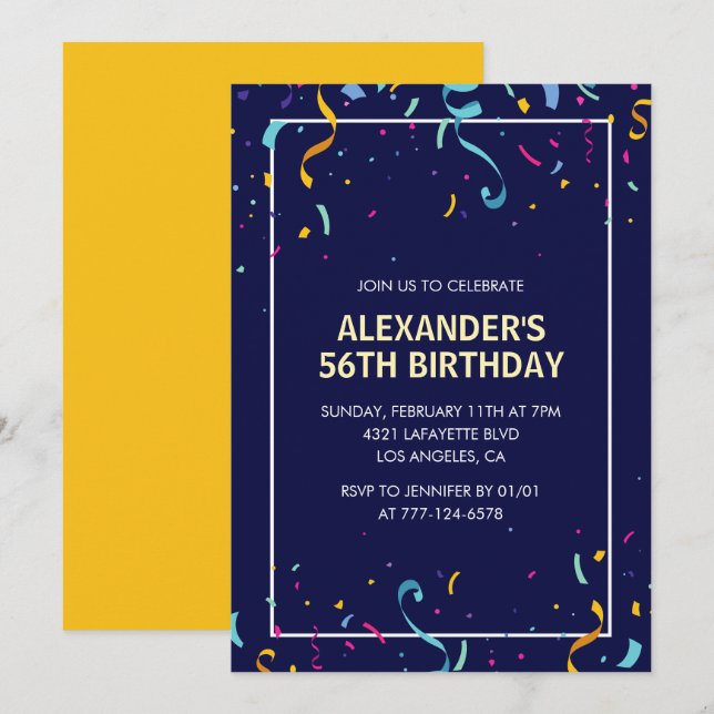 Modern Simple Men Confetti 56th birthday Invitation (Front/Back)