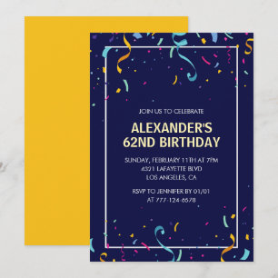 Modern Simple Men Confetti 62nd birthday Invitation