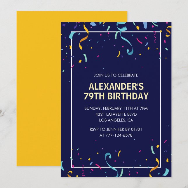 Modern Simple Men Confetti 79th birthday Invitation (Front/Back)