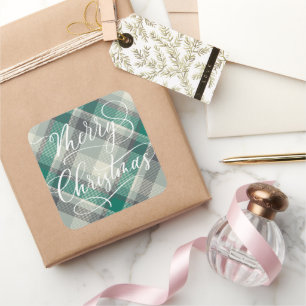 Modern Simple Merry Christmas Green Plaid Square Sticker