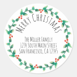 Modern Simple Merry Christmas Holly Return Address Classic Round Sticker