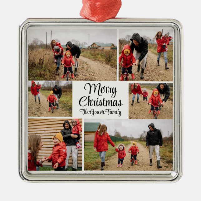 Modern Simple Merry Christmas Photo Collage Metal Tree Decoration (Front)
