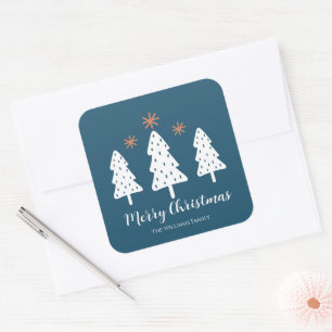 Modern  Simple Merry Christmas Trees Stars Bleu  Square Sticker