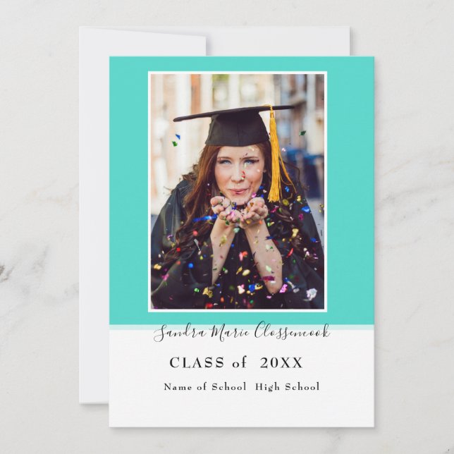 Modern Simple Minimal Aqua Teal blue graduation  A Announcement (Front)